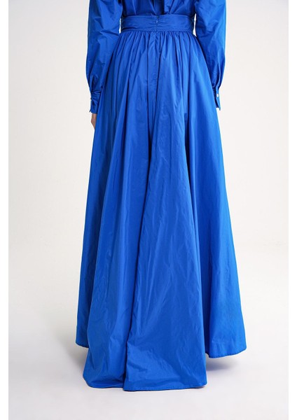 Mavi Yüksek Bel Büzgülü Uzun Etek 81317