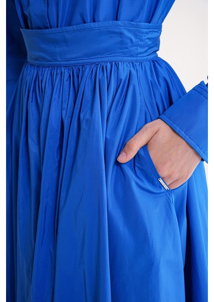 Mavi Yüksek Bel Büzgülü Uzun Etek 81317