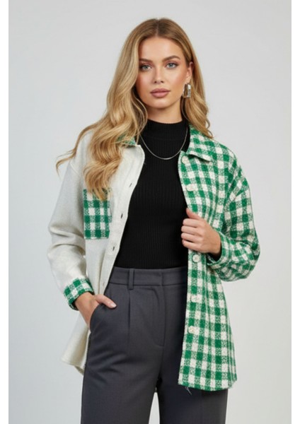 Kadın Yeşil Oversize Fit Ekoseli Desenli Uzun Kollu %100 Pamuk Gömlek, Ceket, Kadın Oduncu Gömlek