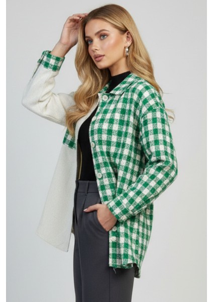 Kadın Yeşil Oversize Fit Ekoseli Desenli Uzun Kollu %100 Pamuk Gömlek, Ceket, Kadın Oduncu Gömlek fiyatları