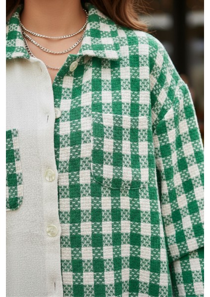 Kadın Yeşil Oversize Fit Ekoseli Desenli Uzun Kollu %100 Pamuk Gömlek, Ceket, Kadın Oduncu Gömlek modelleri