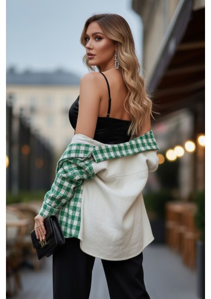 Kadın Yeşil Oversize Fit Ekoseli Desenli Uzun Kollu %100 Pamuk Gömlek, Ceket, Kadın Oduncu Gömlek fırsatları