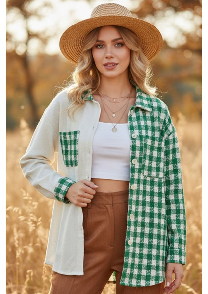 Kadın Yeşil Oversize Fit Ekoseli Desenli Uzun Kollu %100 Pamuk Gömlek, Ceket, Kadın Oduncu Gömlek indirimleri