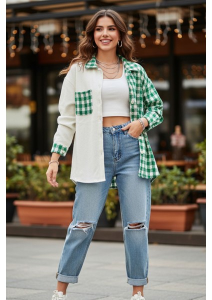 Kadın Yeşil Oversize Fit Ekoseli Desenli Uzun Kollu %100 Pamuk Gömlek, Ceket, Kadın Oduncu Gömlek