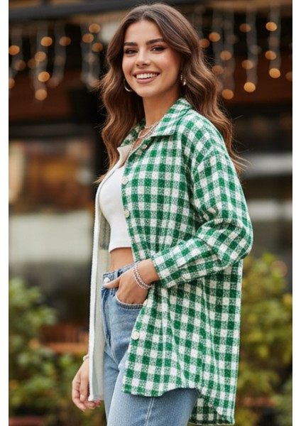 Kadın Yeşil Oversize Fit Ekoseli Desenli Uzun Kollu %100 Pamuk Gömlek, Ceket, Kadın Oduncu Gömlek