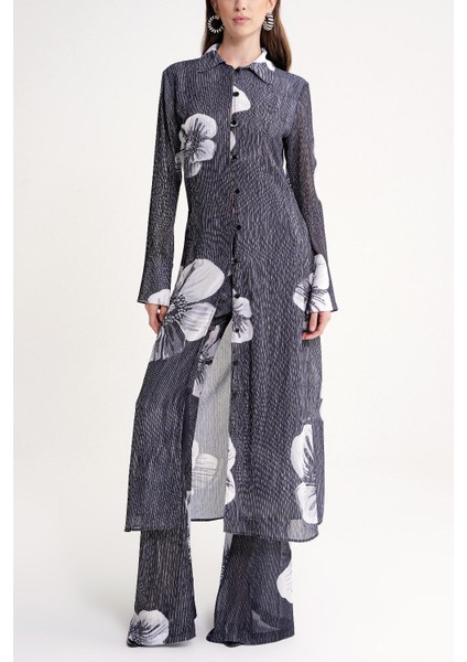 Siyah Piliseli Uzun Gömlek ve Beli Lastikli Panlonlu Takım 12356