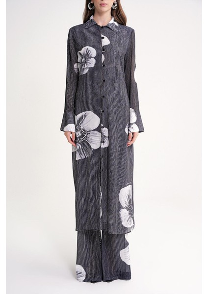 Siyah Piliseli Uzun Gömlek ve Beli Lastikli Panlonlu Takım 12356 fiyatları