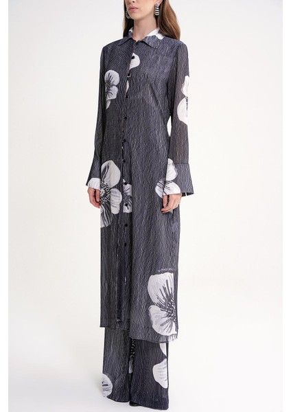 Siyah Piliseli Uzun Gömlek ve Beli Lastikli Panlonlu Takım 12356 modelleri