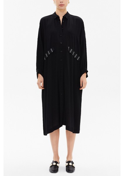 Siyah Düşük Omuz Cepli Midi Elbise 92478 indirimleri