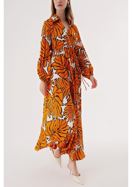 Turuncu Anvelop Kapama Gömlek Yaka Uzun Elbise 94485