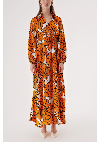 Turuncu Anvelop Kapama Gömlek Yaka Uzun Elbise 94485 fiyatları