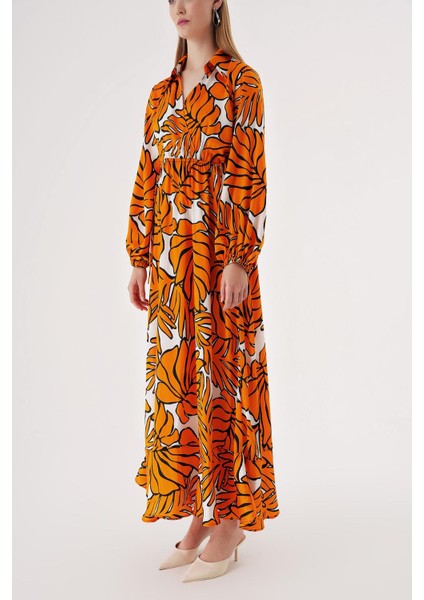 Turuncu Anvelop Kapama Gömlek Yaka Uzun Elbise 94485 modelleri