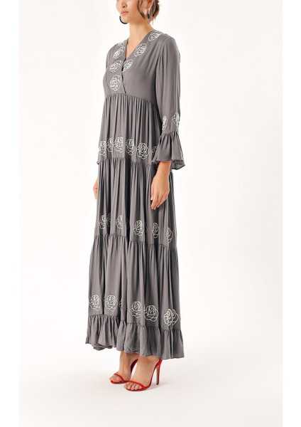 Gri Nakışlı Uzun Büzgülü Elbise 94330 modelleri