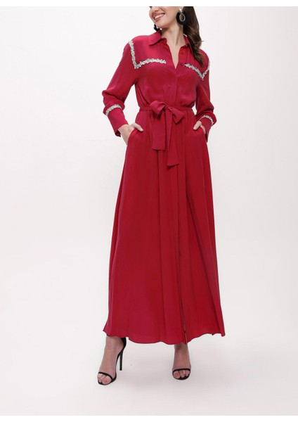 Bordo Şerit Aksesuarlı Kemerli Uzun Gömlek Elbise 94153
