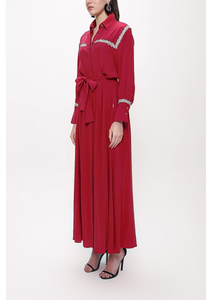 Bordo Şerit Aksesuarlı Kemerli Uzun Gömlek Elbise 94153 modelleri