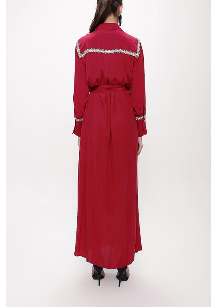 Bordo Şerit Aksesuarlı Kemerli Uzun Gömlek Elbise 94153 fırsatları