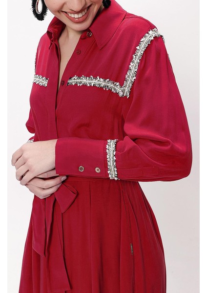 Bordo Şerit Aksesuarlı Kemerli Uzun Gömlek Elbise 94153 indirimleri