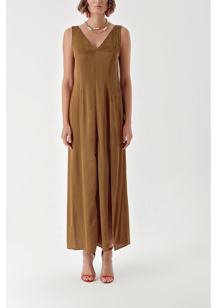 Tarçın Kolsuz V Yaka Yırtmaçalı Elbise 94217 fiyatları