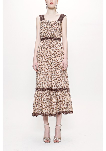 Bej Askılı Dantelli Elbise 93799