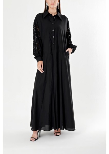 Siyah Dantel Detaylı Bol Kesim Elbise 94180