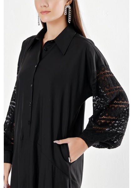 Siyah Dantel Detaylı Bol Kesim Elbise 94180 indirimleri