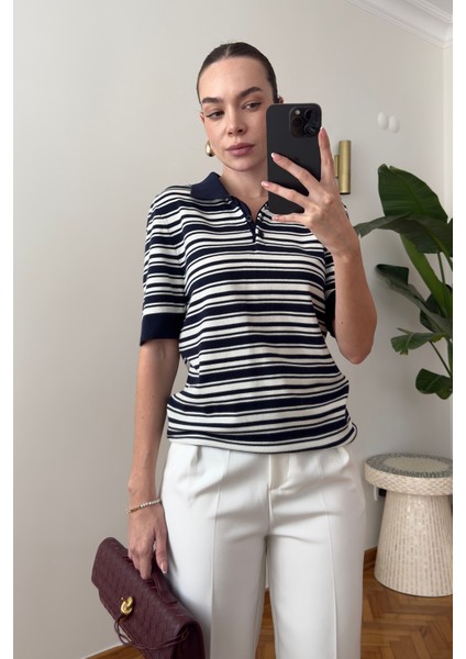 Marka Model Polo Yaka Çizgili Triko Kazak- Lacivert