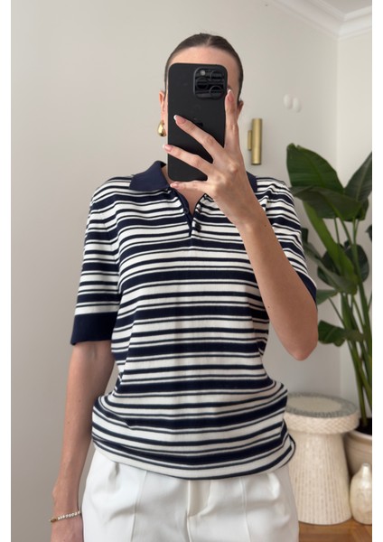 Marka Model Polo Yaka Çizgili Triko Kazak- Lacivert fiyatları