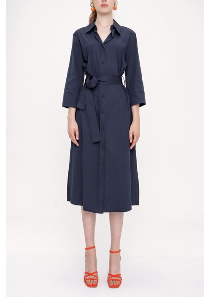 Lacivert Kemerli Bol Kesim Gömlek Elbise 93995