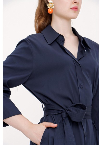 Lacivert Kemerli Bol Kesim Gömlek Elbise 93995 modelleri