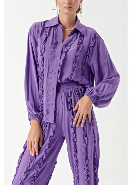 Lila Fırfır Detaylı Pantolon ve Gömlekli Takım 12312