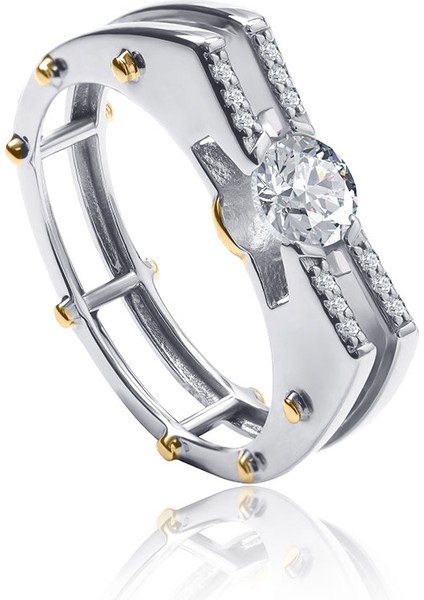 Altın Büyük Kristal Taş Detaylı 925 Ayar Gümüş Yüzük 132