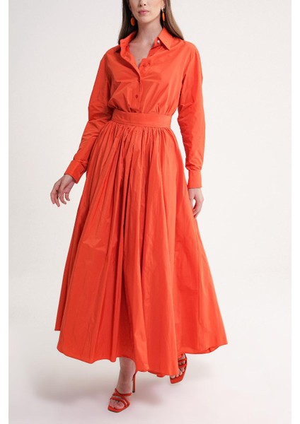 Tarçın Yüksek Bel Lastik ve Fermuar Detaylı Uzun Etek 81310