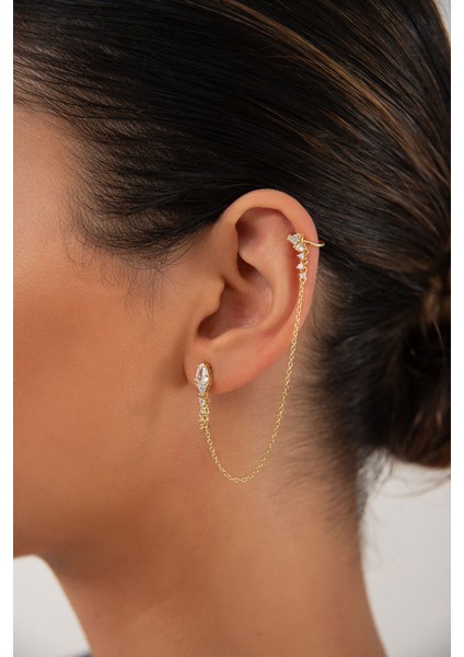 Altın Kristal Taş ve Zincir Detaylı 925 Ayar Gümüş Küpe 178