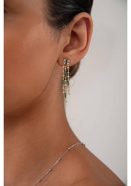 Altın Sallantılı Yeşil Detaylı ve Kristal Taşlı 925 Ayar Gümüş Küpe 137 fiyatları