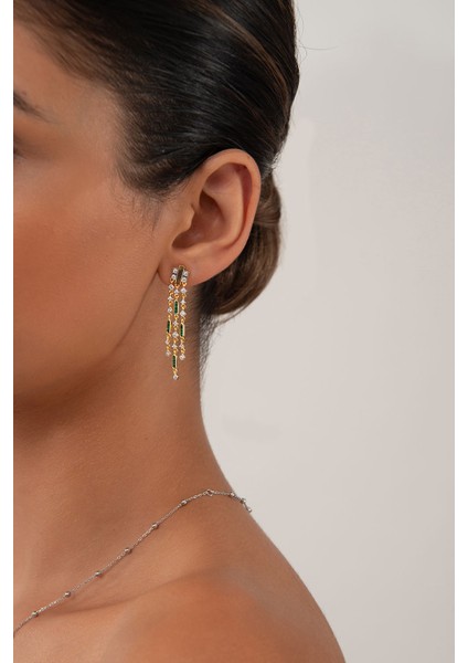 Altın Sallantılı Yeşil Detaylı ve Kristal Taşlı 925 Ayar Gümüş Küpe 137 modelleri