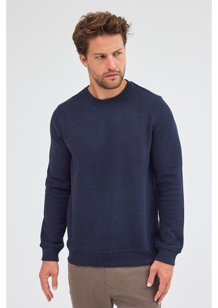 Koyu Lacivert Uzun Kol Bisiklet Yaka Düz Pamuklu Comfort Fit Sweatshirt 1013255150 modelleri