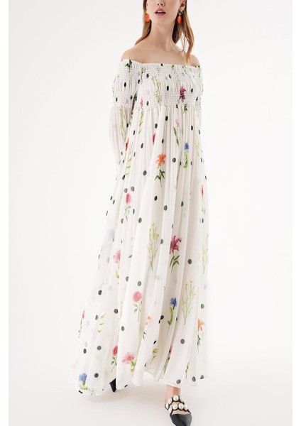 Beyaz Düşük Omuz Gipeli Bol Elbise 94189