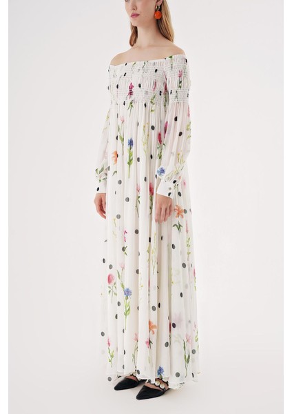 Beyaz Düşük Omuz Gipeli Bol Elbise 94189 modelleri