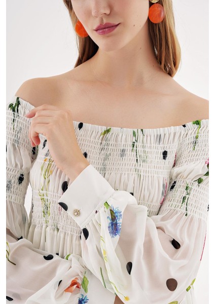 Beyaz Düşük Omuz Gipeli Bol Elbise 94189 indirimleri