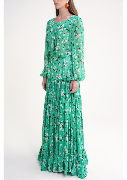 Yeşil Bol Kesim Bluz ve Uzun Büzgülü Etekli Ikili Takım 12345 modelleri