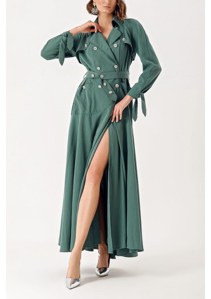 Yeşil Kristal Düğme Detaylı Uzun Trenç Elbise 94400