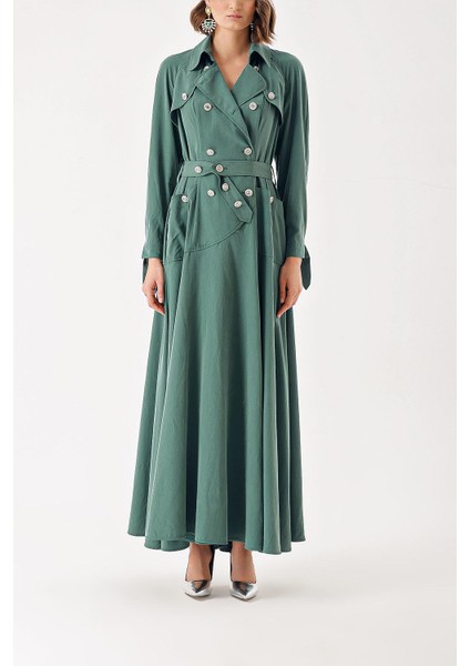 Yeşil Kristal Düğme Detaylı Uzun Trenç Elbise 94400 fiyatları