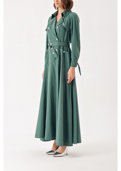 Yeşil Kristal Düğme Detaylı Uzun Trenç Elbise 94400 modelleri