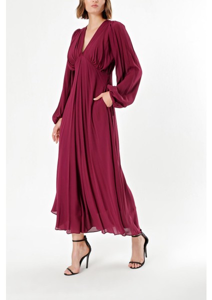 Bordo Büzgülü Elbise 93847