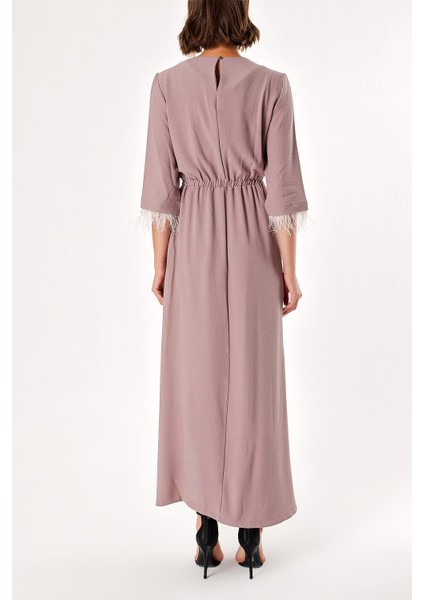 Vizon Yırtmaçlı ve Tüy Detaylı Uzun Elbise 92575