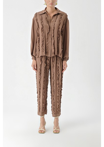 Kahve Fırfır Detaylı Pantolon ve Gömlekli Takım 12312