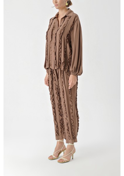 Kahve Fırfır Detaylı Pantolon ve Gömlekli Takım 12312