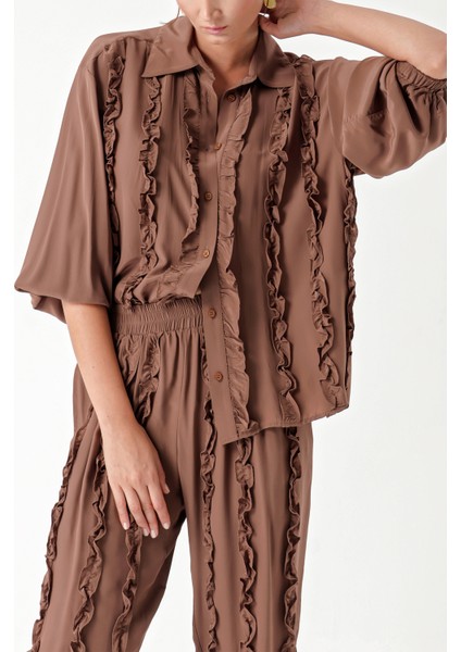 Kahve Fırfır Detaylı Pantolon ve Gömlekli Takım 12312