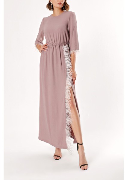 Vizon Yırtmaçlı ve Tüy Detaylı Uzun Elbise 92575