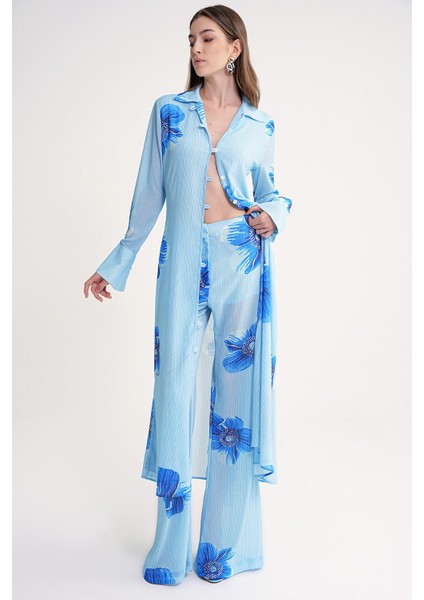 Mavi Beli Lastikli Piliseli Bol Paça Pantolon 41649